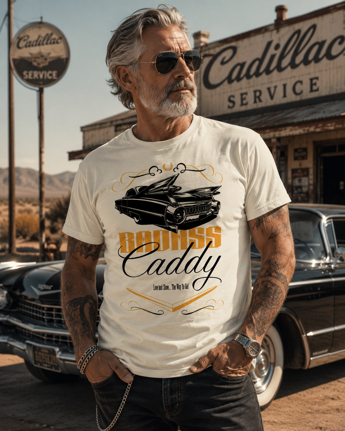 Badass Caddy ’59 Tailfin Men’s Tee – Bone