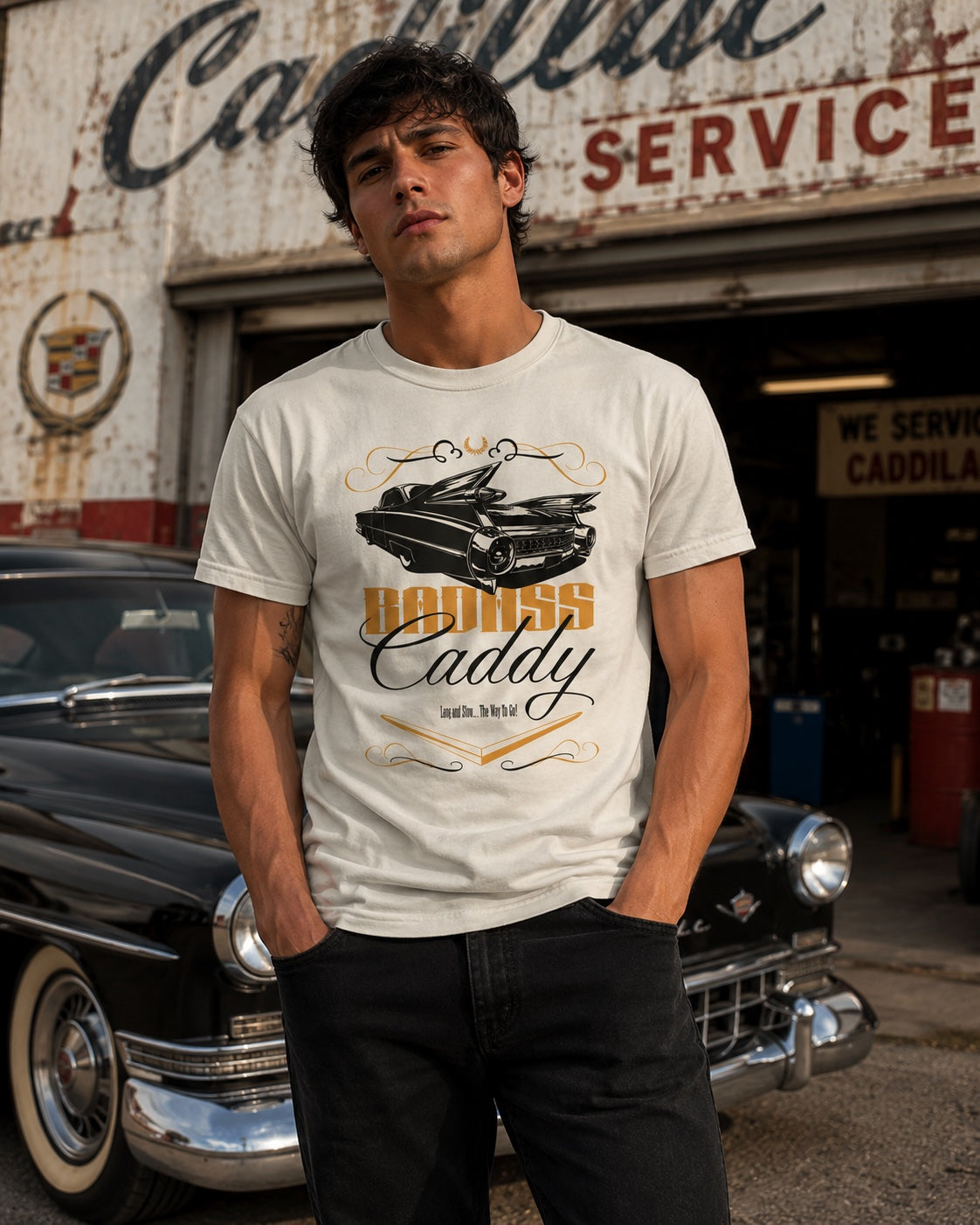 Badass Caddy ’59 Tailfin Men’s Tee – Bone
