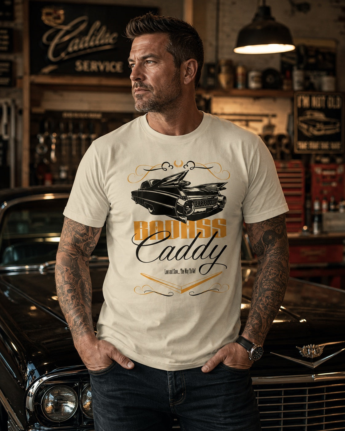 Badass Caddy ’59 Tailfin Men’s Tee – Bone