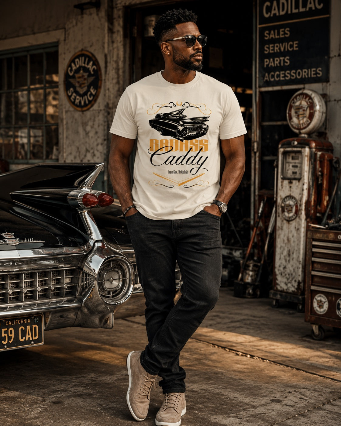 Badass Caddy ’59 Tailfin Men’s Tee – Bone