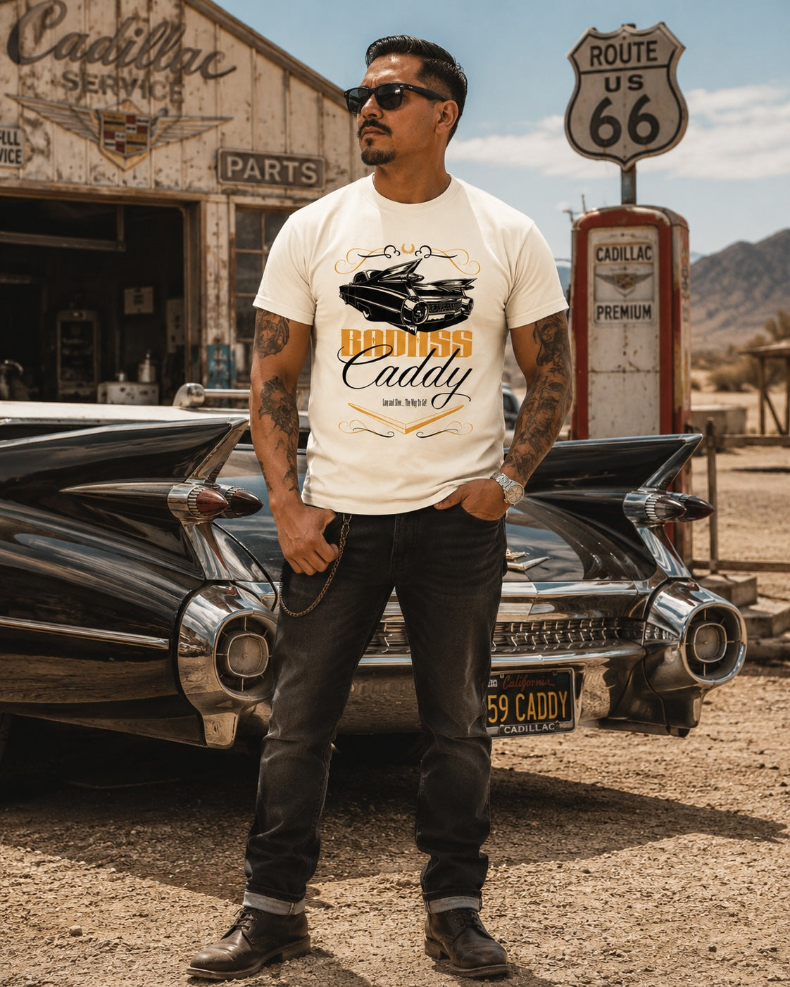 Badass Caddy ’59 Tailfin Men’s Tee – Bone