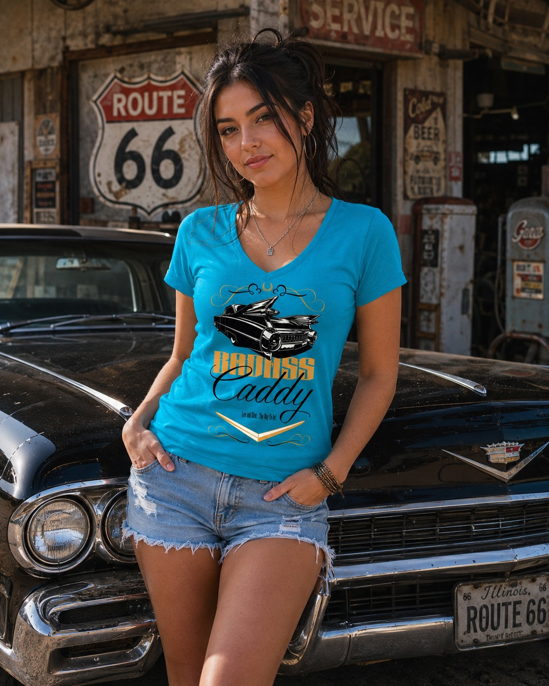 Badass Caddy ’59 Tailfin Women’s V-Neck Tee – Electric Blue