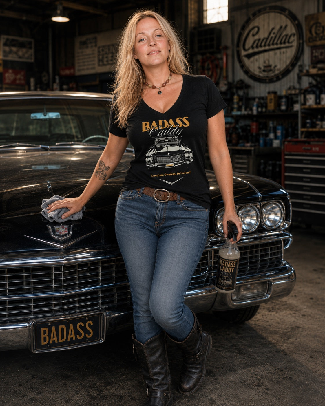 Badass Caddy ’63 Coupe Cruiser Women’s V-Neck Tee – Black