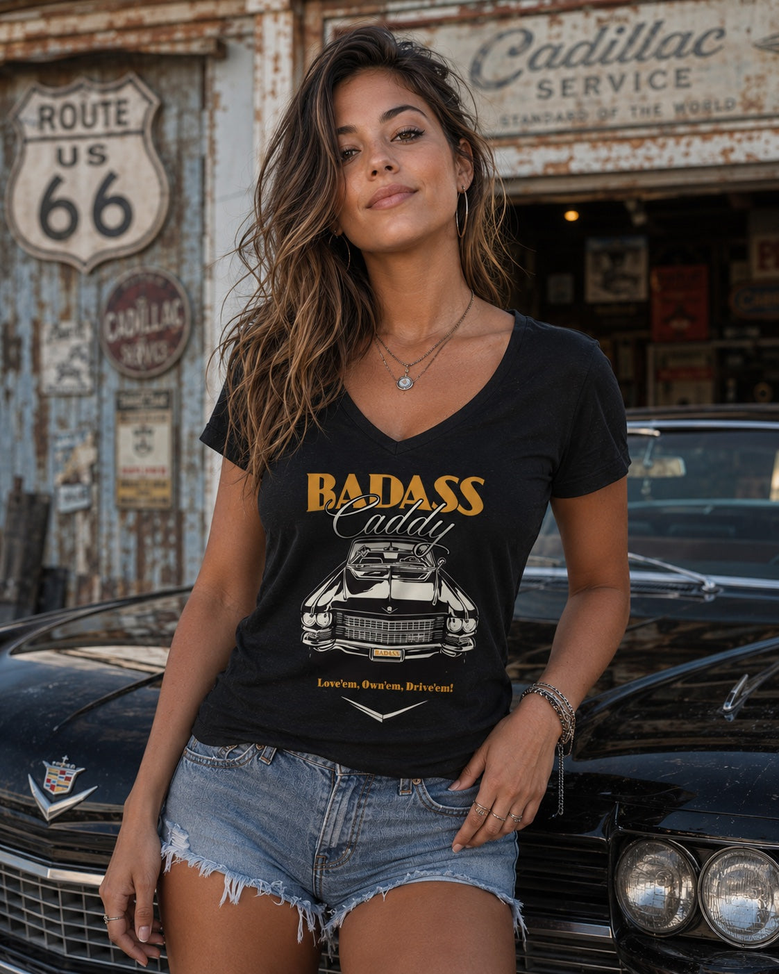 Badass Caddy ’63 Coupe Cruiser Women’s V-Neck Tee – Black