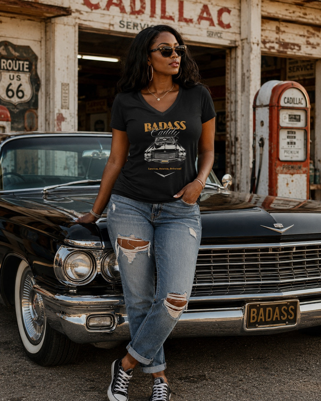 Badass Caddy ’63 Coupe Cruiser Women’s V-Neck Tee – Black