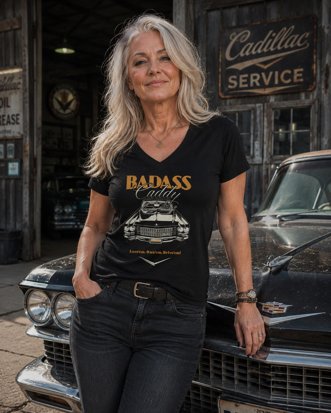Badass Caddy ’63 Coupe Cruiser Women’s V-Neck Tee – Black