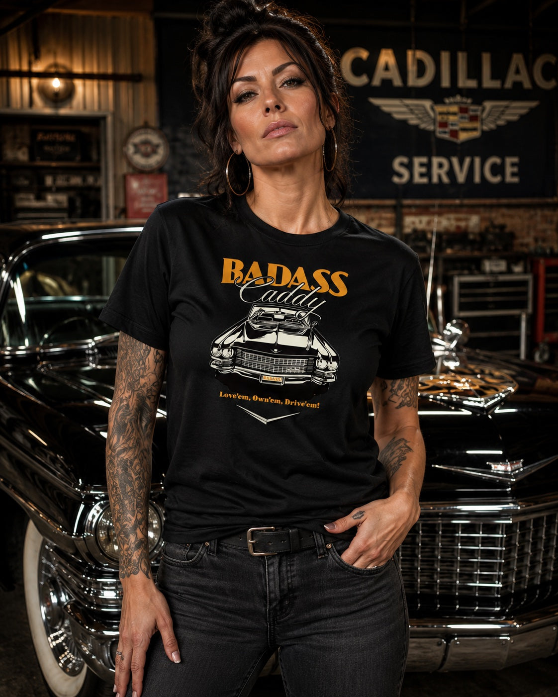 Badass Caddy ’63 Coupe Cruiser Women’s V-Neck Tee – Black