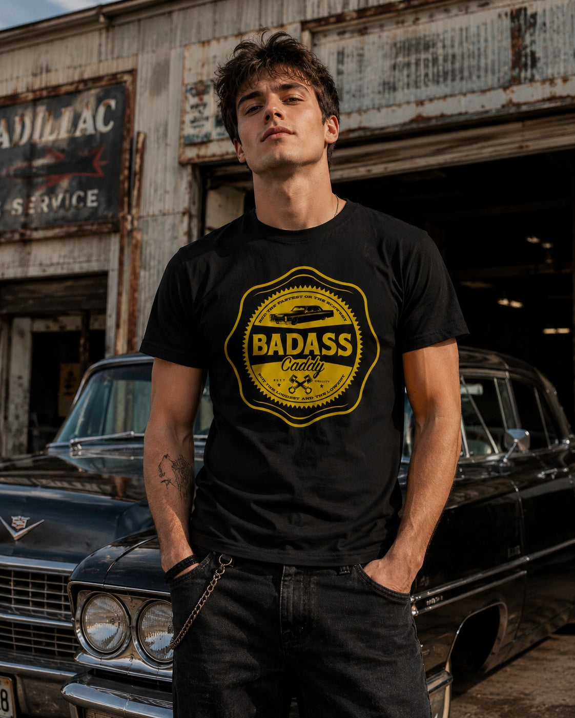 Badass Caddy ’66 Coupe Garage Badge Men’s Tee – Black