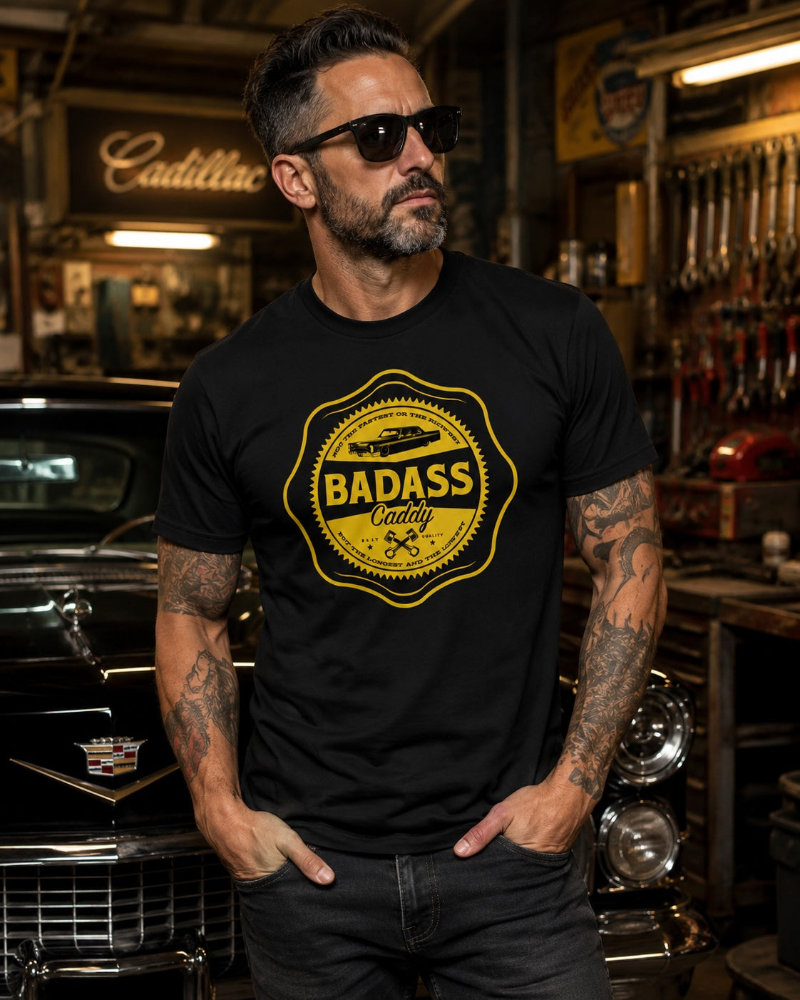 Badass Caddy ’66 Coupe Garage Badge Men’s Tee – Black