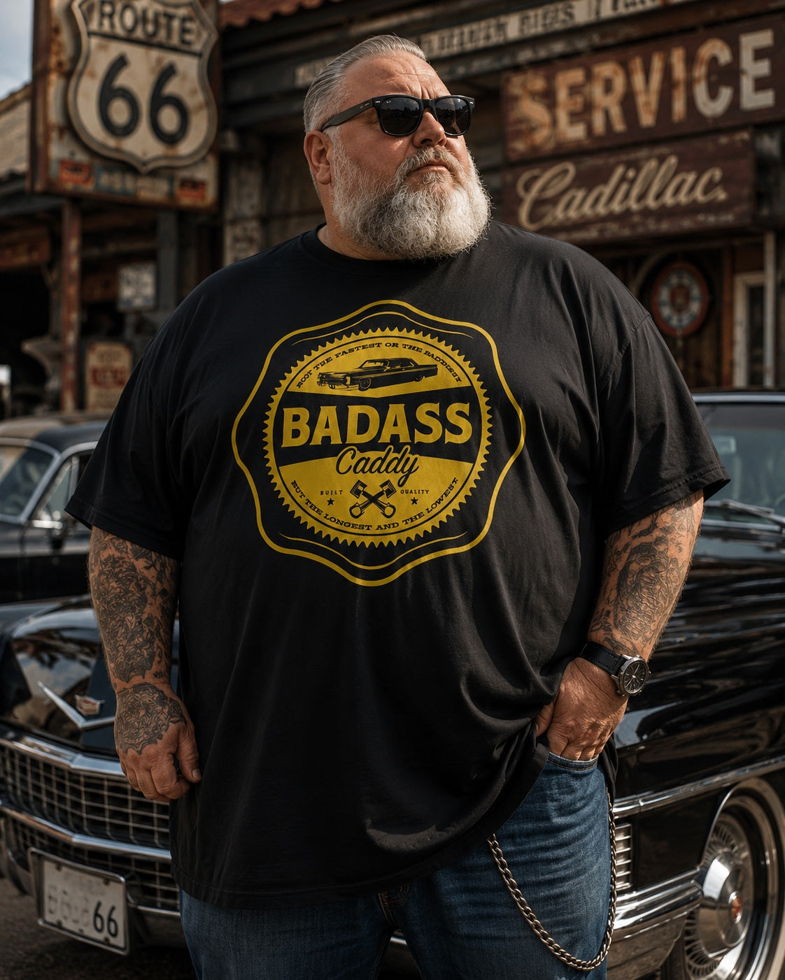 Badass Caddy ’66 Coupe Garage Badge Men’s Tee – Black