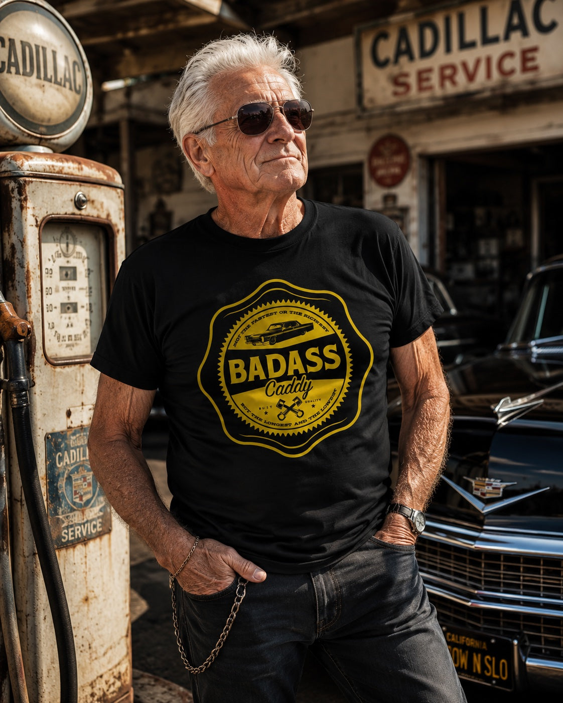 Badass Caddy ’66 Coupe Garage Badge Men’s Tee – Black