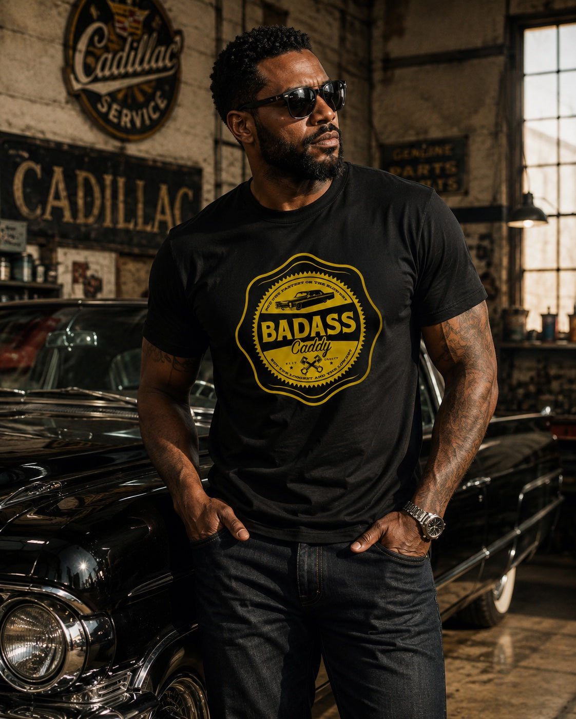 Badass Caddy ’66 Coupe Garage Badge Men’s Tee – Black