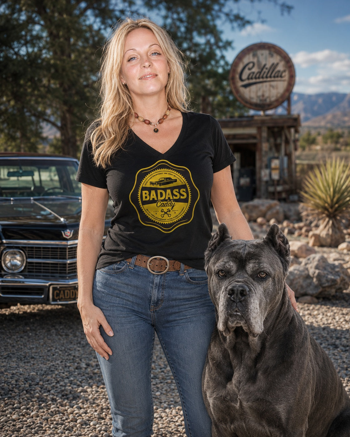 Badass Caddy ’66 Coupe Garage Badge Women’s Tee – Black