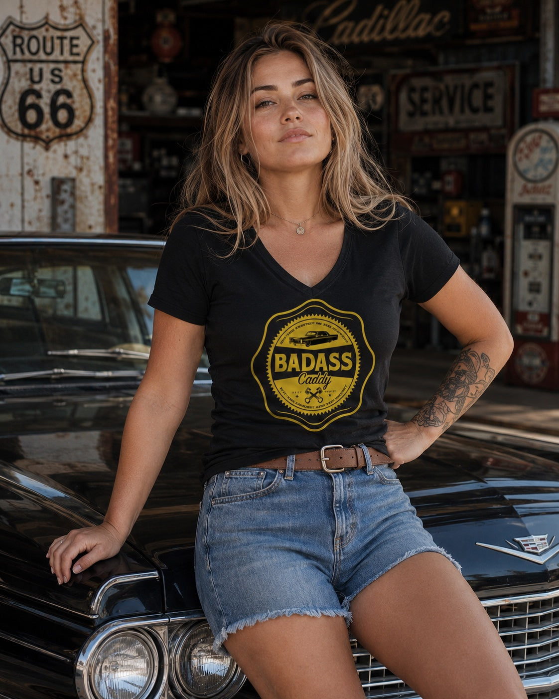 Badass Caddy ’66 Coupe Garage Badge Women’s Tee – Black