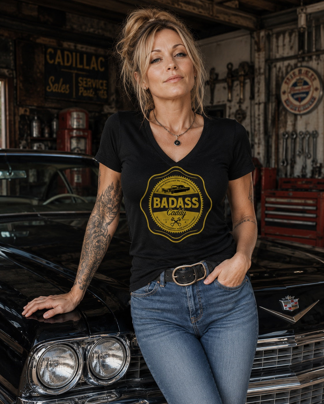 Badass Caddy ’66 Coupe Garage Badge Women’s Tee – Black