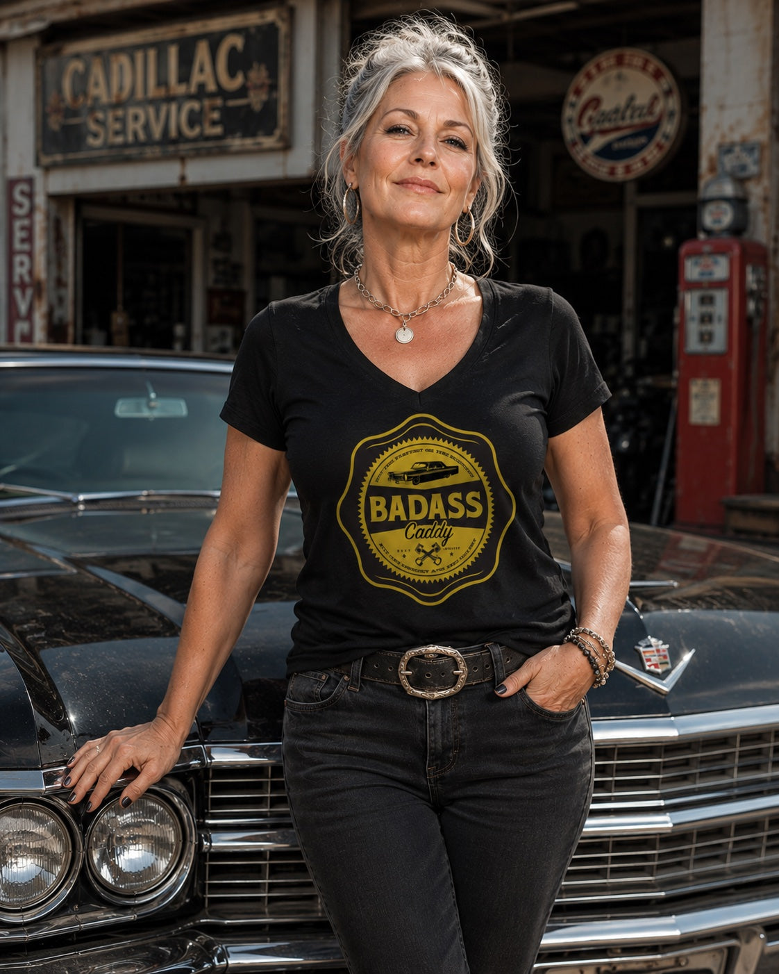 A woman posing in front of a vintage Cadillac car, wearing a black v-neck t-shirt with a yellow 'Badass Caddy' graphic print.