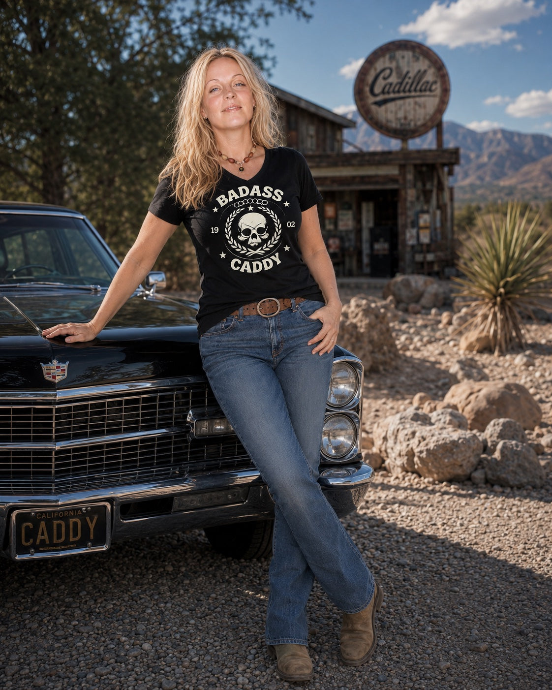 A woman stands outdoors in a desert-style setting next to a black vintage Cadillac, wearing a black graphic T-shirt with a white skull and the words 'BADASS CADDY' and blue jeans.