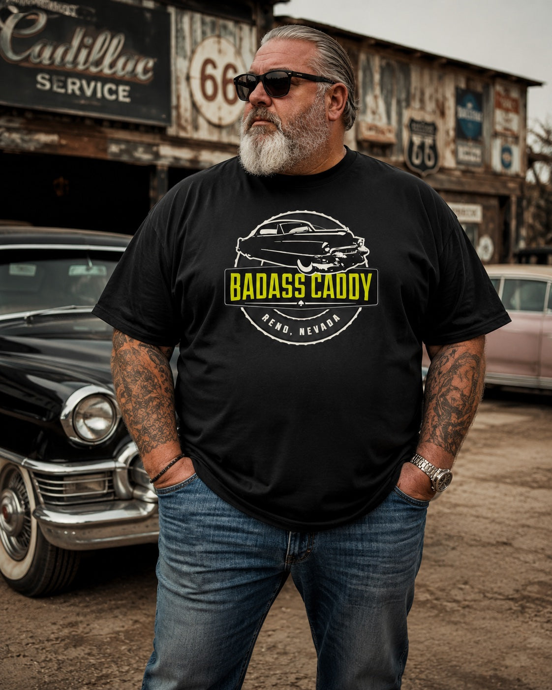 Badass Caddy Reno '53 Coupe Custom Men’s Tee-Black