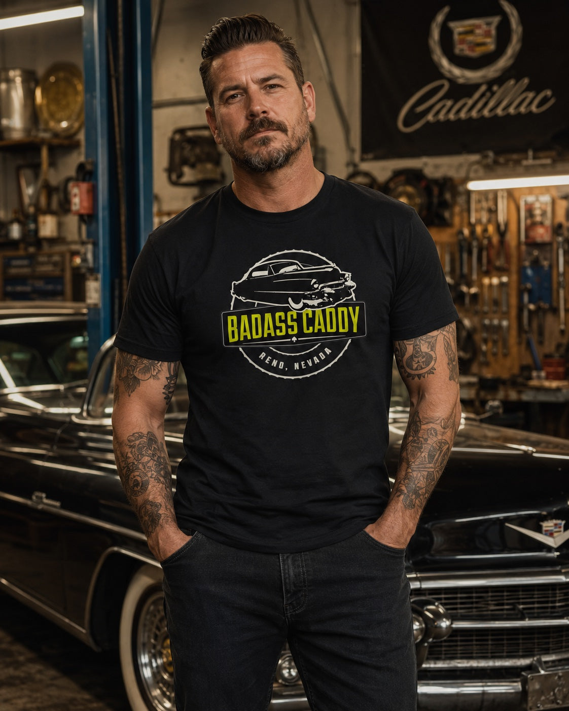 Badass Caddy Reno '53 Coupe Custom Men’s Tee-Black