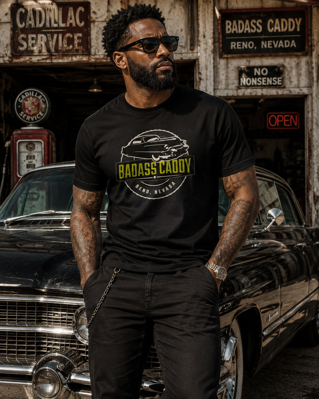 Badass Caddy Reno '53 Coupe Custom Men’s Tee-Black