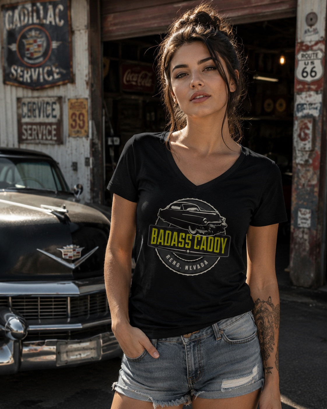 Badass Caddy Reno '53 Coupe Custom Women’s Tee-Black