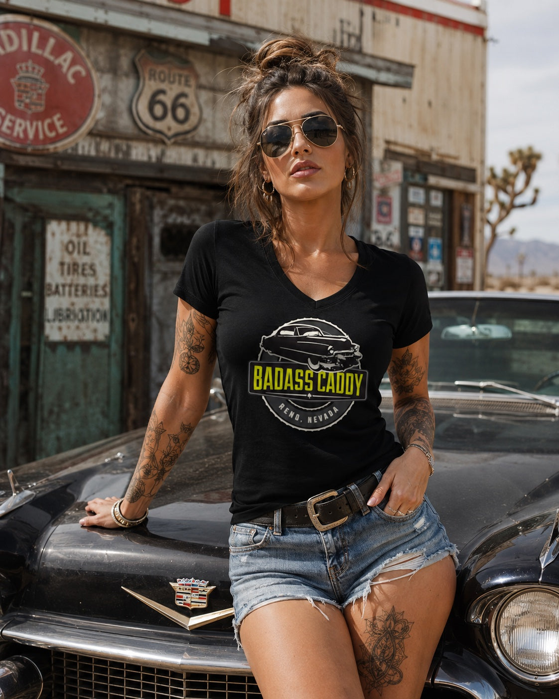 Badass Caddy Reno '53 Coupe Custom Women’s Tee-Black