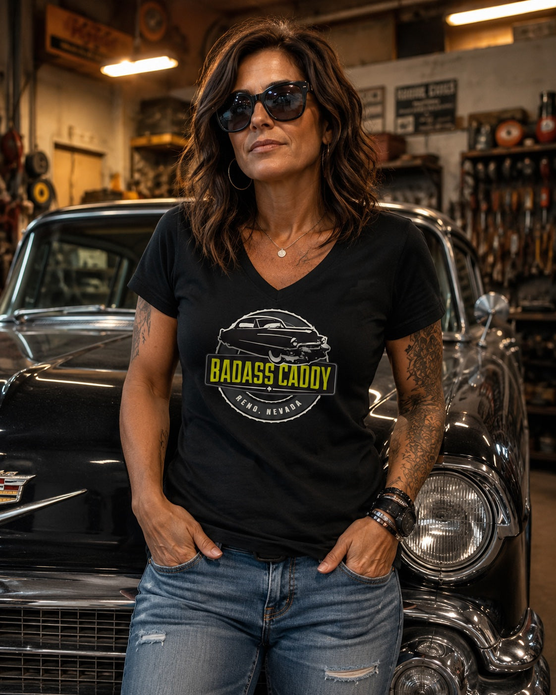 Badass Caddy Reno '53 Coupe Custom Women’s Tee-Black