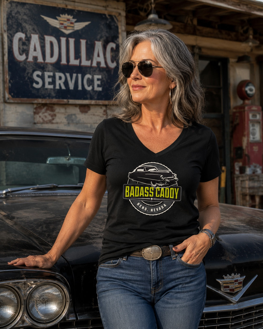 Badass Caddy Reno '53 Coupe Custom Women’s Tee-Black