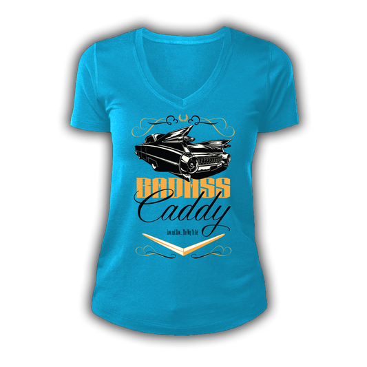 Badass Caddy ’59 Tailfin Women’s V-Neck Tee – Electric Blue