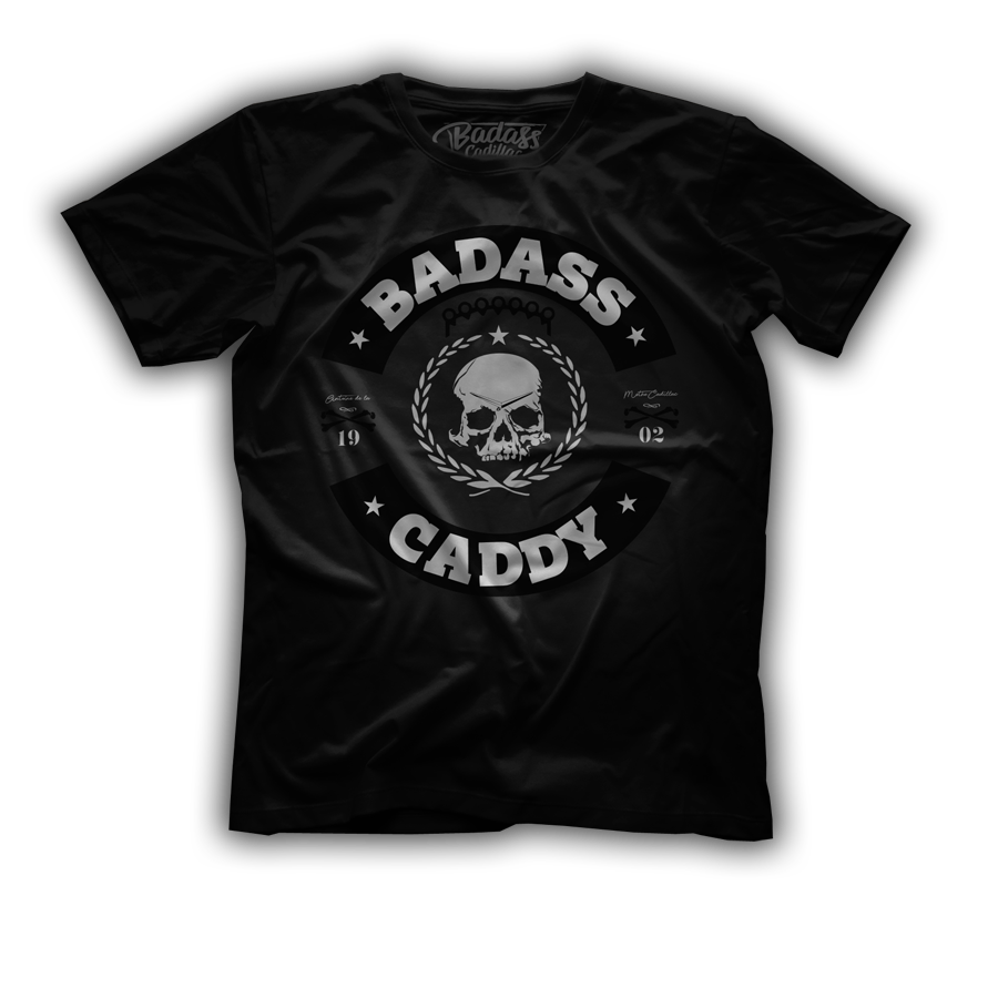 Black Badass Caddy T-shirt with white skull crest graphic and vintage lettering