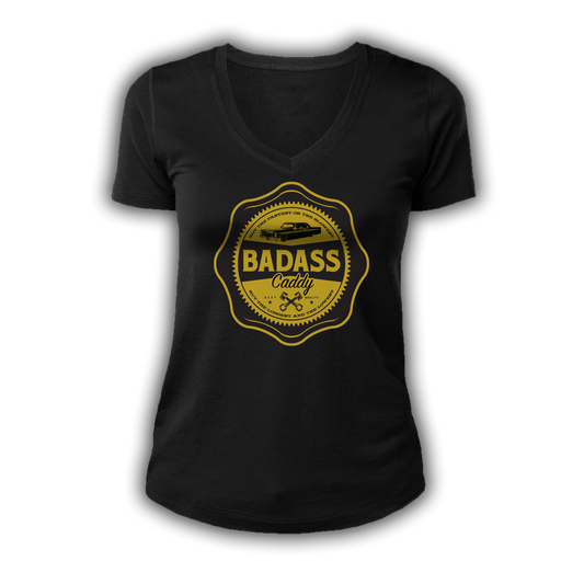 Women’s black V-neck Badass Caddy T-shirt with gold vintage badge emblem graphic