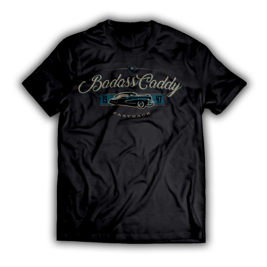 Black men’s Badass Cadillac 1947 Fastback T-shirt with teal vintage Cadillac car graphic and classic script lettering