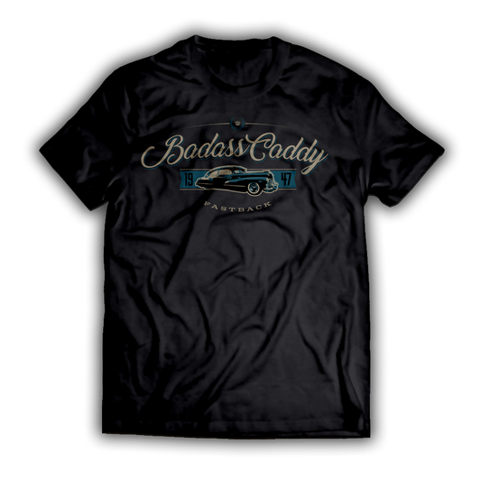 Black men’s Badass Cadillac 1947 Fastback T-shirt with teal vintage Cadillac car graphic and classic script lettering